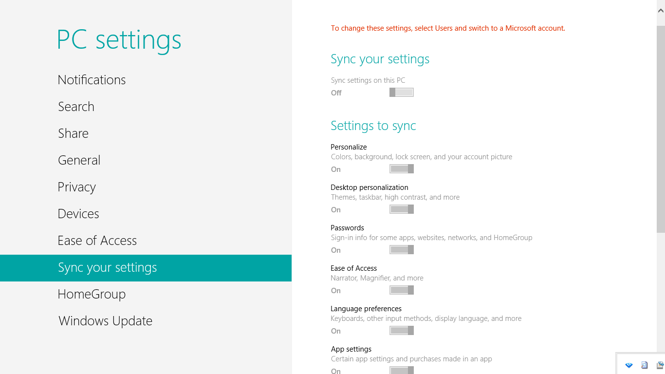 Windows 8 Sync Settings with Microsoft account